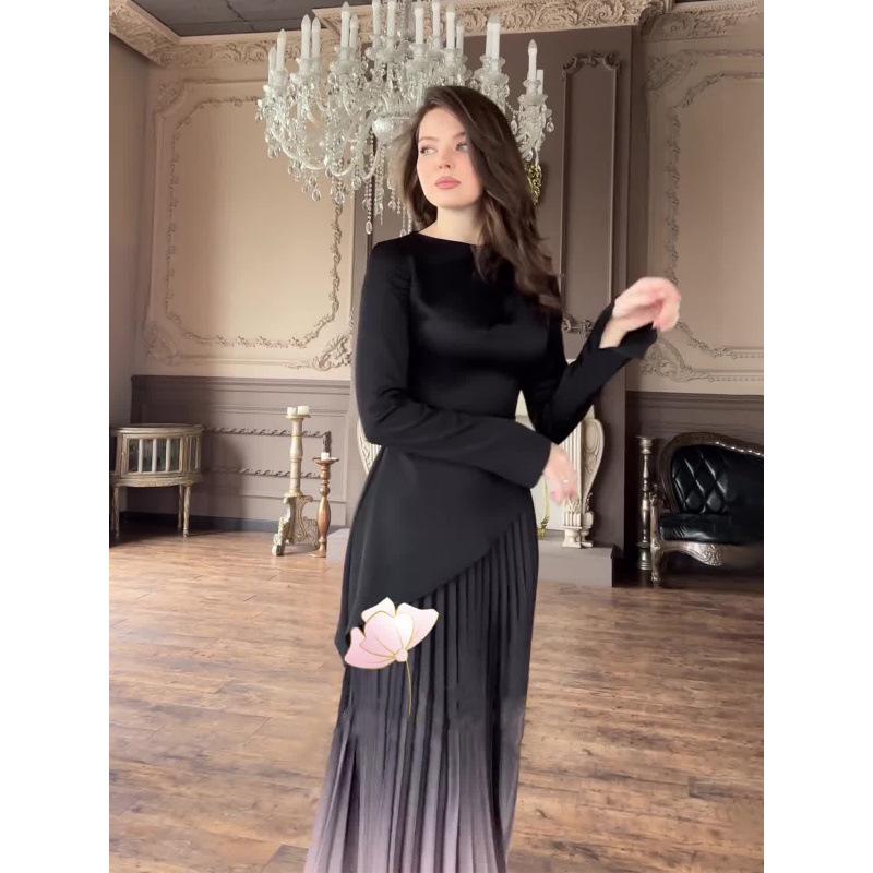 2024 Autumn Gradient Tie-dye Slimming Pleated Long Dress for Women