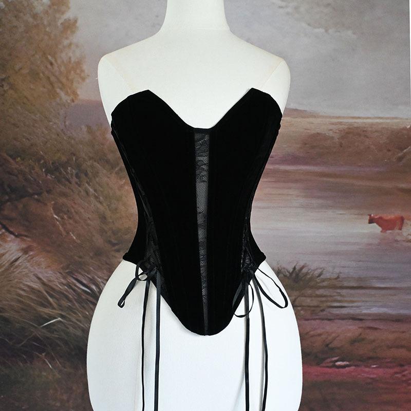 Corset Top Plus Size Women Bustier Overbust Sexy Mesh Vintage Victorian Medieval Fashion Black Velvet Embroidered Lace Corset Xxs