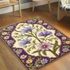 Purple Floral Rug with Botanical Design, Beige and Purple Decorative Floor Mat