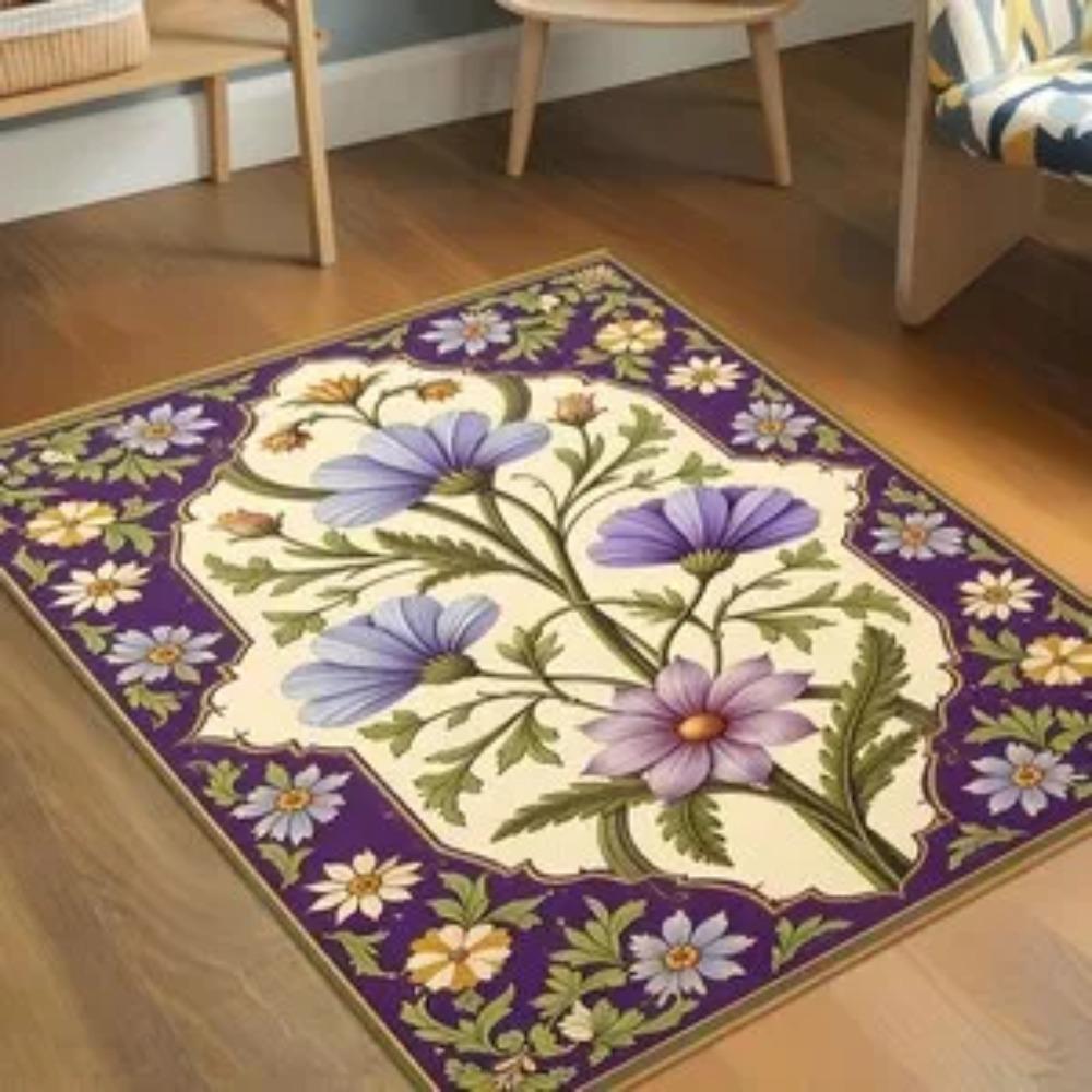 Purple Floral Rug with Botanical Design, Beige and Purple Decorative Floor Mat