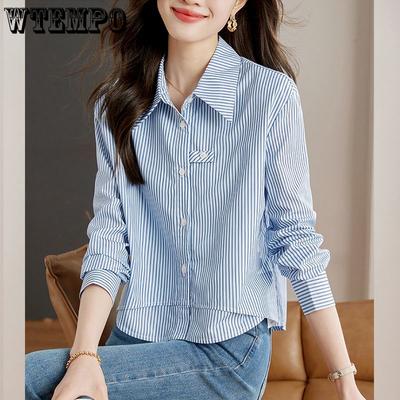 Spring Autumn Fashion Long Sleeve Blouse Shirt Turn Down Collar Office Lady Stripe Shirt Women Tops