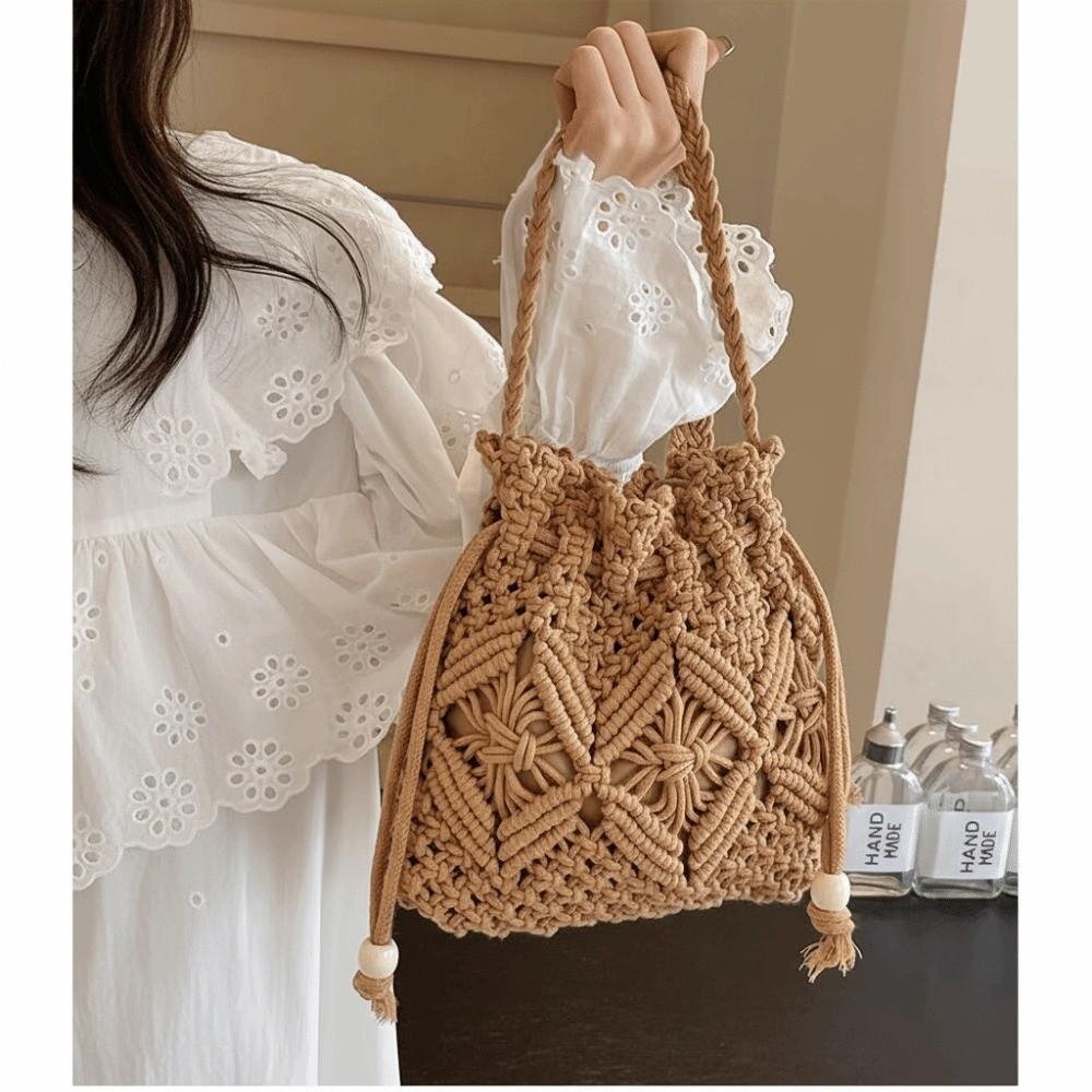 Kleine Eimer-Handtasche im frischen Stil, durchbrochen, mit Kordelzug, Umhängetasche, gewebte Strandtasche, für den Freizeitgebrauch
