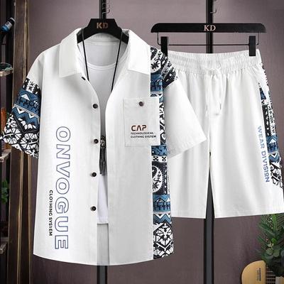 Completo estivo da uomo con camicia a maniche corte, completo da uomo con camicia a maniche corte, stampa con giunture, pantaloncini sportivi casual, due pezzi.