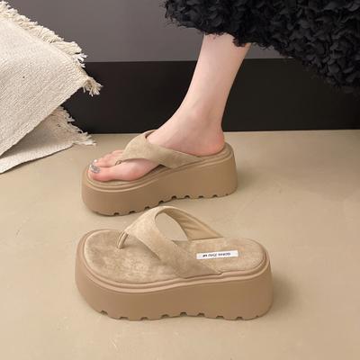 Fashion Wedge Outdoor Slippers Women's Summer Thick Bottom Flip Flops Outdoor High Waist Seaside Beach Leisure Flip Flops Suede