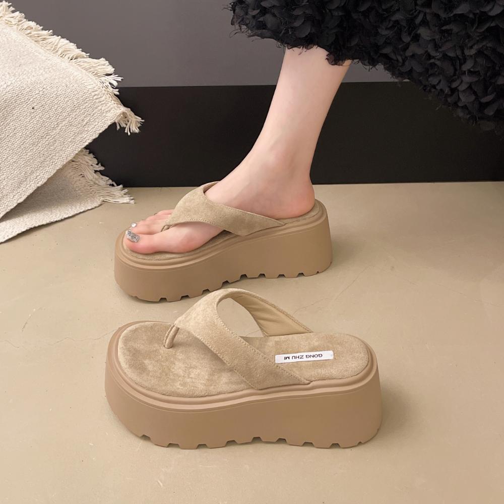 Wedge Outdoor Slippers Women's Summer Thick Bottom Flip Flops Outdoor High Waist Seaside Beach Leisure Flip Flops Suede