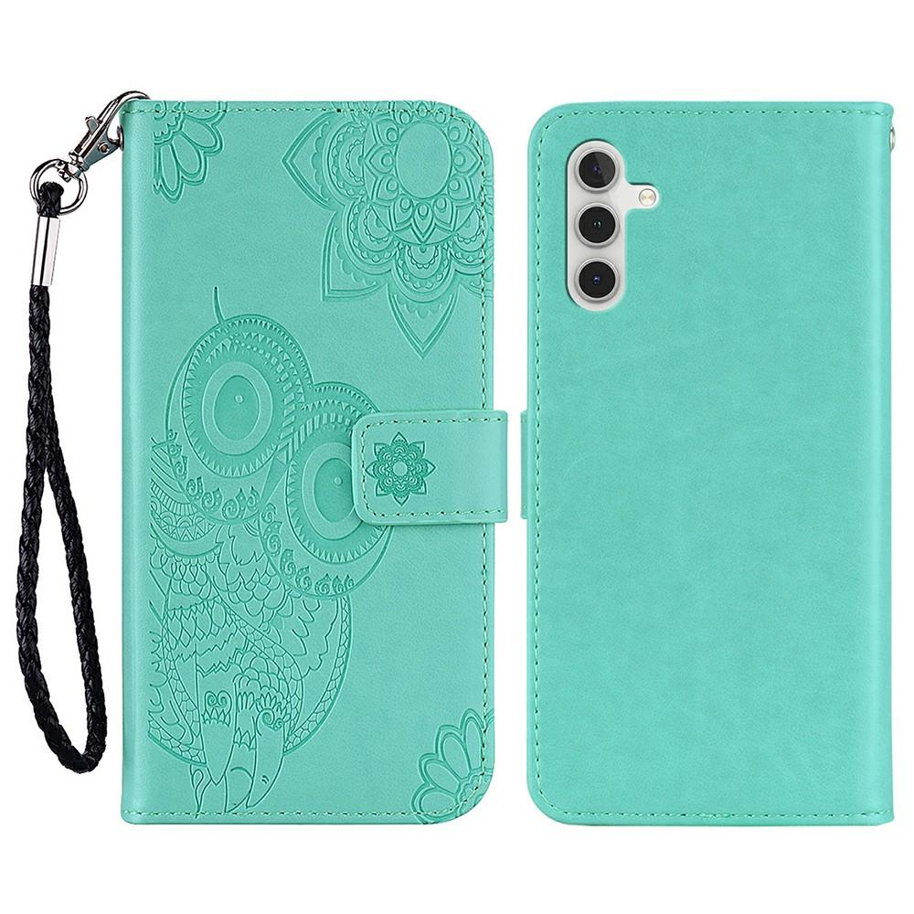 

For Samsung Galaxy S25+ Case Owl Flower Imprinted Leather Cover Wallet with Strap Cyan