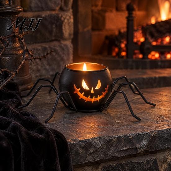 Indoor Decorative Votives Halloween Pumpkin Glass Candle Holder, Iron Art Tealight Lantern for Tabletop Window Spooky Home Ornaments And Fireplace