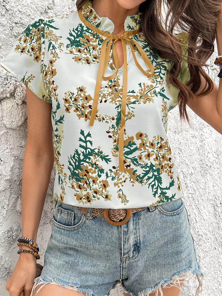 Plus Size Womens Shirt Spring Summer Fashion High Neck Floral Print Short Sleeve T-Shirt Blouse