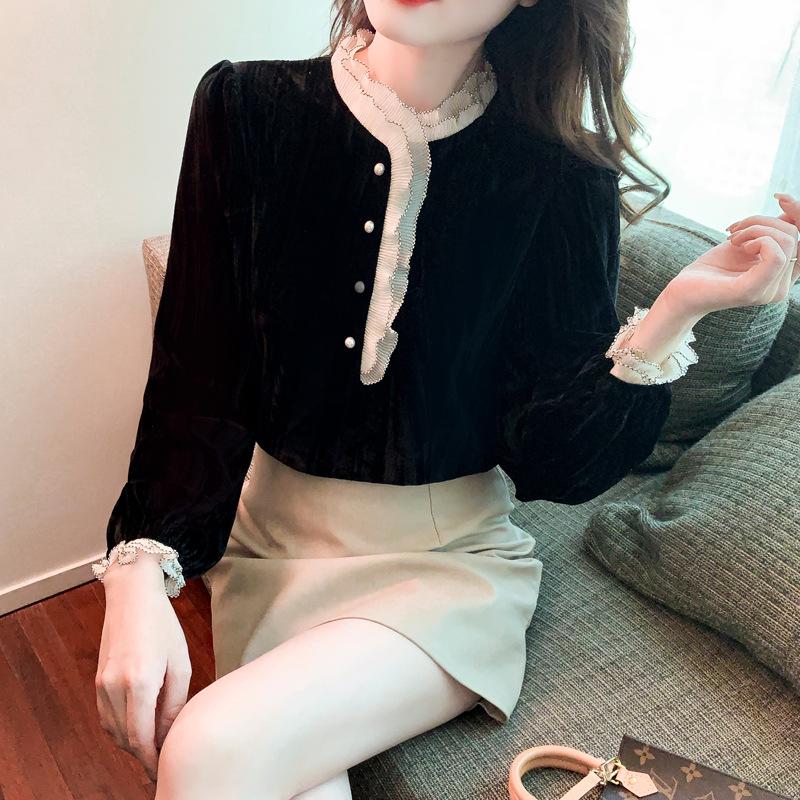 Women's Gold Velvet Lace Top - Stylish Spring/Autumn/Winter 2024