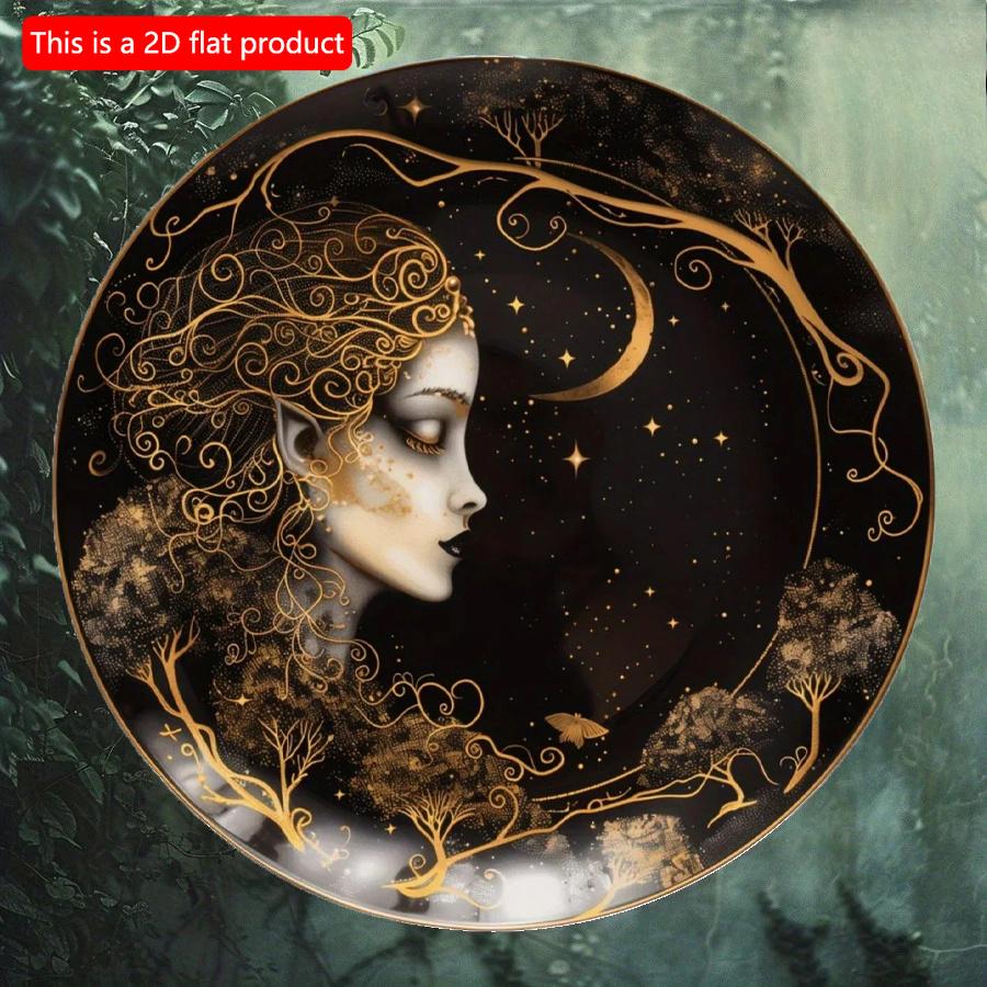 

2d Flat 20*20cm, Round Wooden Wall Decorative, Moon Goddess Sign, Entrance Decor Gift, Moon Pendant Room Balcony Window, for Cafe, Club, Home, Room. 20*20cm