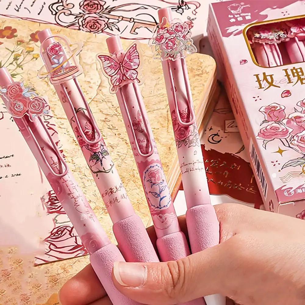 4PCS/Set Creative Soft Grip Gel Pen Press Type 0.5mm Black Ink Ballpoint Pen Butterfly Patch Neutral Pen Gift Writing Tools