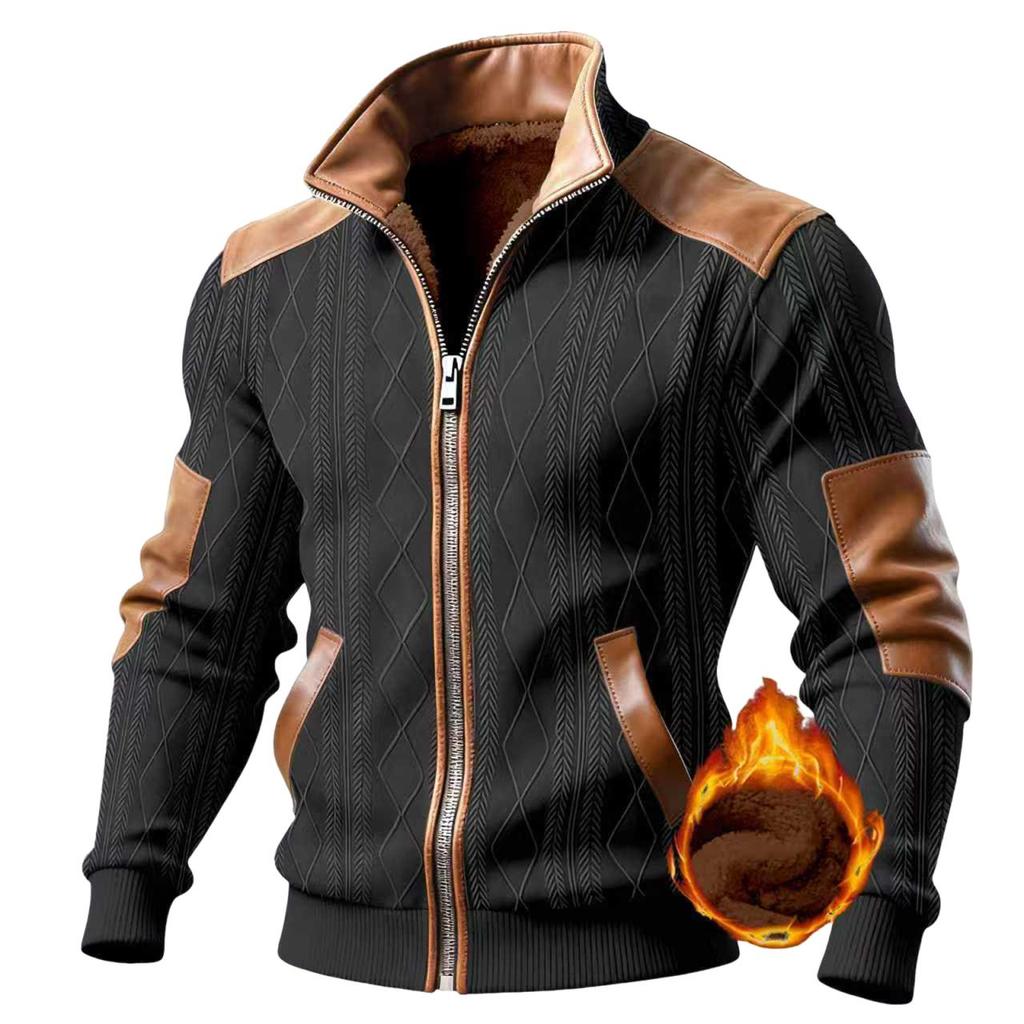 Herren Strickjacke mit durchgehendem Reißverschluss, lässiger Strick, Stehkragen, Slim Fit, Colorblock, Herbst Winter