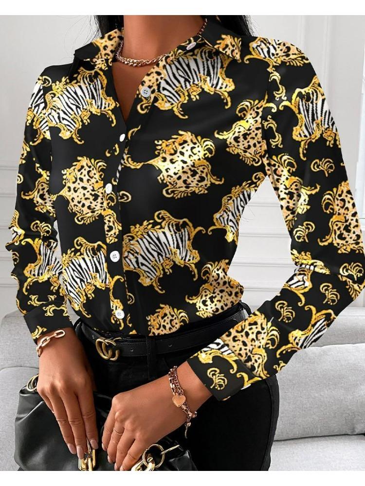 Elegant Blouse Women's Fashion Shirt 2026 Spring/Summer V-Neck Contrast Retro Print Slim Fit Top Office Lady Shirts S-XXXL