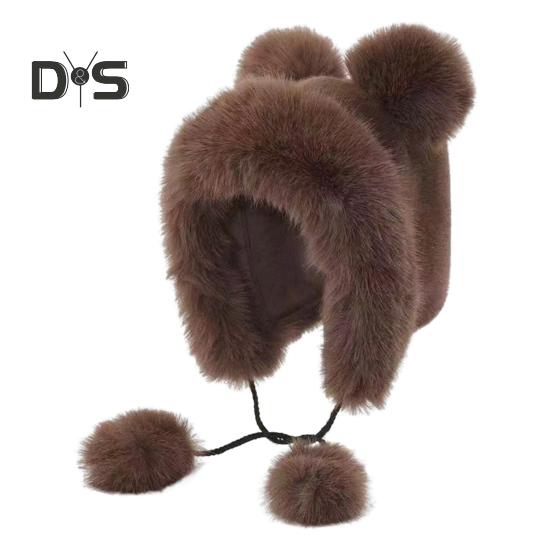 

Зимняя шапка с интегрированным шарфом, украшением в виде медвежьих ушей, густая искусственная норковая шерсть, полная защита, вязаный эластичный однотонный головной убор для активного отдыха на природе кофейный