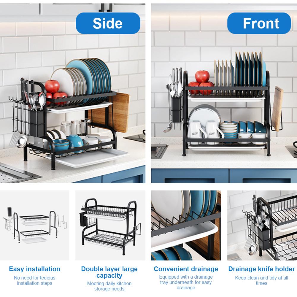 Scurgător de vase cu 2 niveluri, cu suport pentru vase, capacitate mare, tavă de uz casnic, coș, economisind spațiu pentru blatul de bucătărie mic