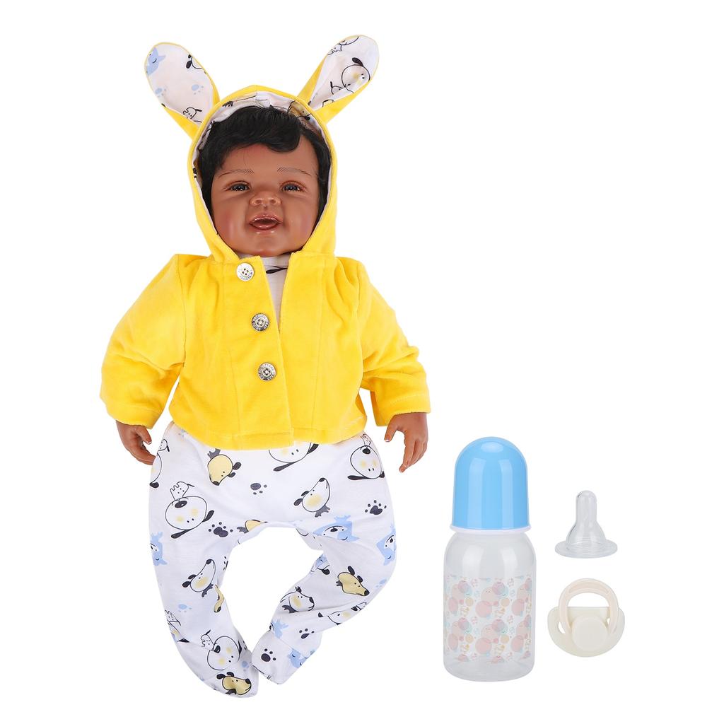 55cm Reborn Dolls Soft Vinyl Adorable African Baby Doll Toys with Milk Bottle Pacifier