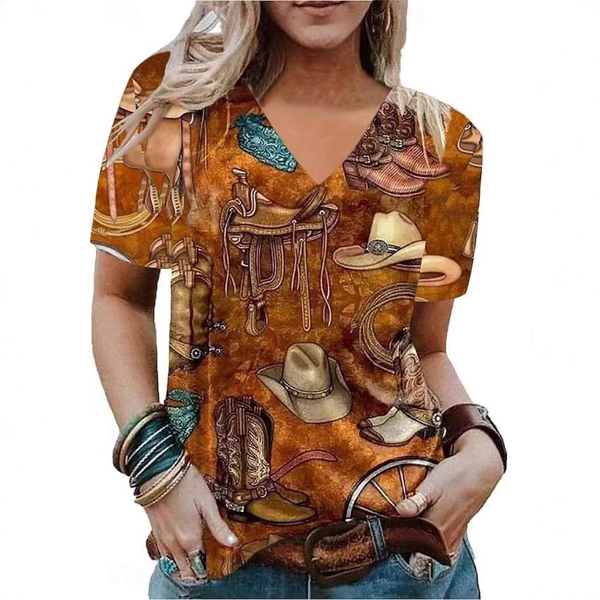 Summer Fashion Trend 3D Western Cowboy Printed Short Sleeved Casual V-neck Top Women's T-shirts