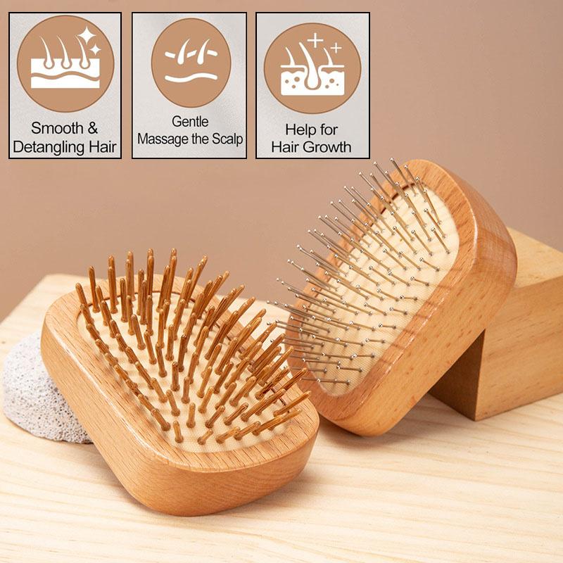 BEPAN Natural Wooden Hair Brush Combs Beech Hair Airbag Detangled Scalp Massage Wood Steel Needle Combs Anti Static Massage Comb