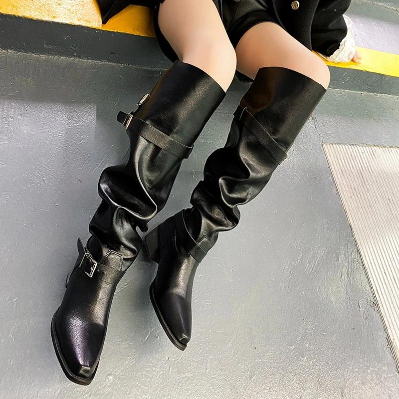 Fashion High Boots Women's Pointed Toe Sleeve Metal Buckle Block Heel Anti-Slip Wear-Resistant Pleated Stack Boots