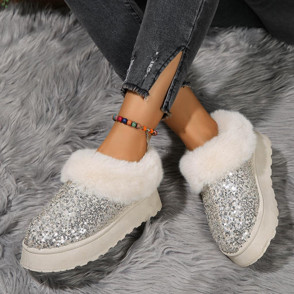Fleece thickened warm snow boots women's winter new sequined short tube one-pedal fluffy cotton shoes