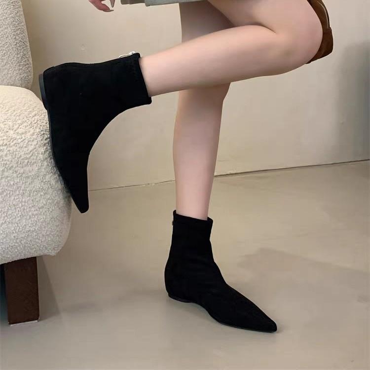 Cowhide Version Suede Simple Pointed Short Boots Women's Autumn and Winter New Rear Zipper Thin Boots Fashion Boots Women