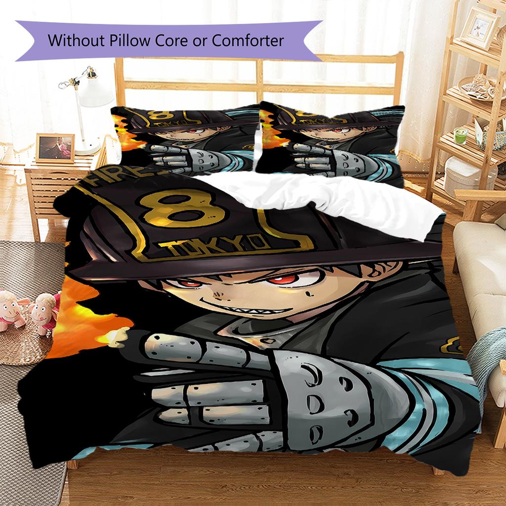 Fire Force Pattern Bedding,Quilt Set Quilt Cover Pillowcase Home Birthday Gift (1 * duvet cover + 2 * pillowcase, without core)