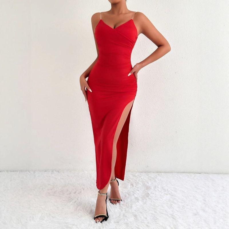 

Fashion New Arrival V-neck Sexy Silm Backless Slit Suspenders Jumpsuit Long Sleeveless Dress Dress Red XS