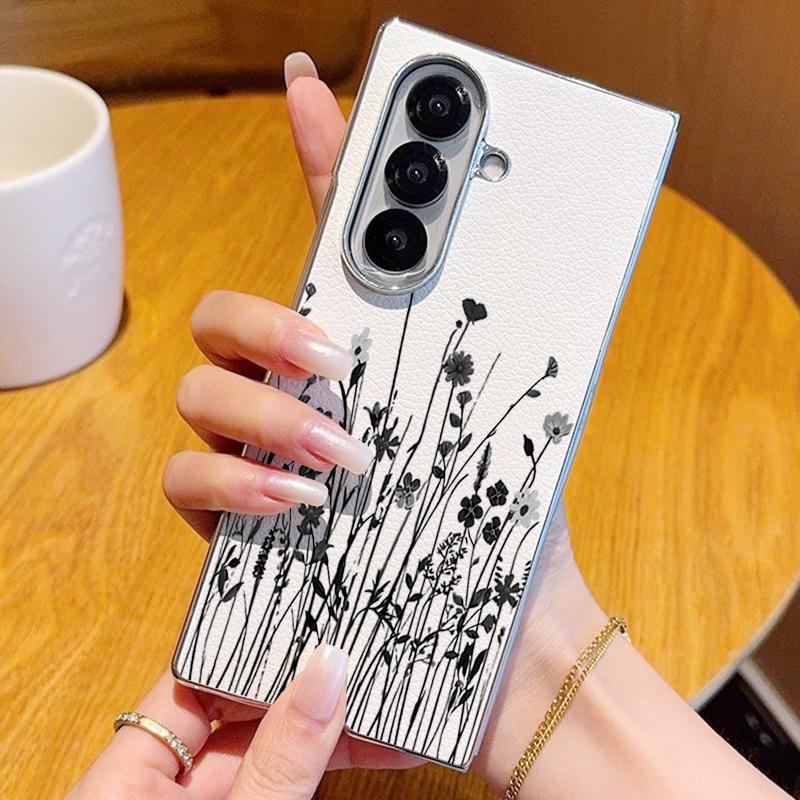 Line Flower Pattern Case For Samsung Z Fold 7 6 5 Luxury Hybrid 3in1 Leather Skin Plating Folding Phone Cover For Samsung Z Fold7 Fold6 Fold5
