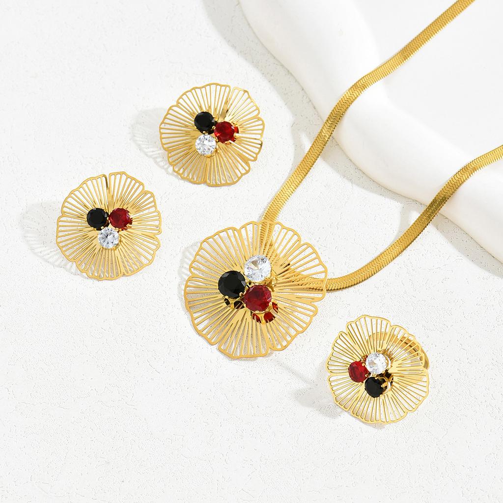Light Luxury Earrings Necklace Jewelry Set Personalized Zircon Flower Design Ring Long Necklace