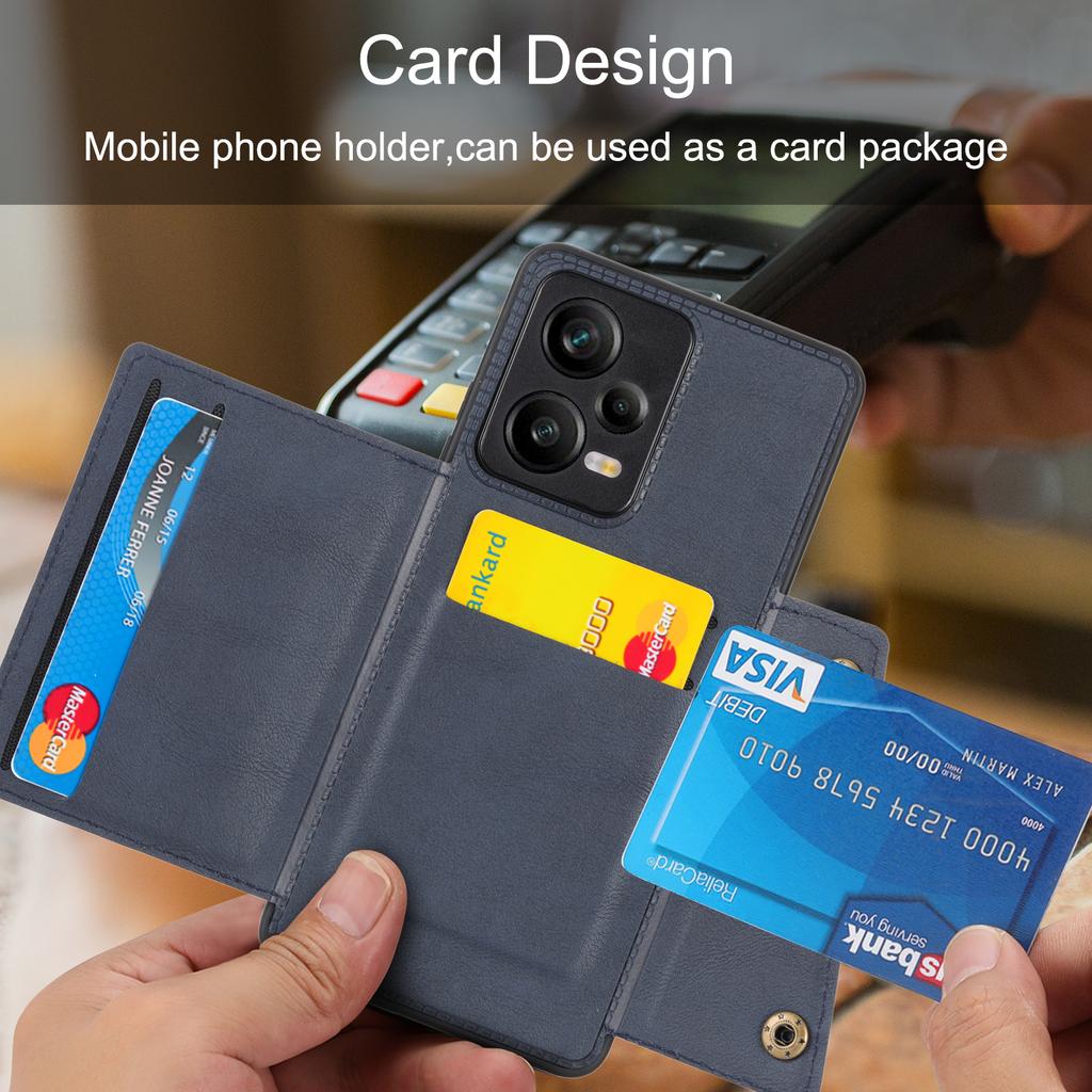 Dla Xiaomi Redmi Note 12 Pro 5G Etui z TPU pokryte skórą PU z podpórką, podwójne przyciski, przegródki na karty, pokrowiec na telefon z metalową płytką do mocowania samochodowego