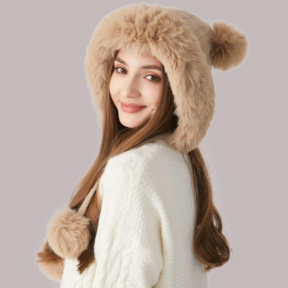 Palarie tricotata cu guler de blana gros si bile de blana rasucita Palarie tricotata pentru femei Palarie din lana de iarna in aer liber