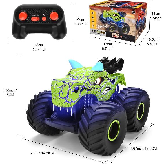 Remote Control Dinosaur Car Toys for Kid Boys, 2.4GHz RC Monster Truck Toys with Spray, Light, Sound, All Terrain Rechargeable Electric RC Car Toy,
