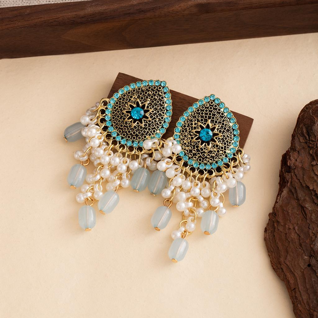 Diamond Drop Fringed Pearl Earrings Retro Bohemian Ethnic Stud Earrings Light Luxury Temperament Earrings
