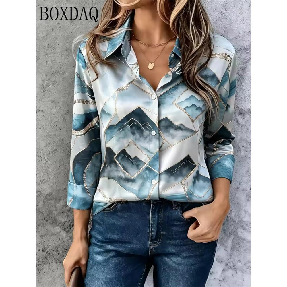 Casual long sleeved lapel women's blouse abstract 3D print loose button women's shirt autumn fashionable women's tops 2026