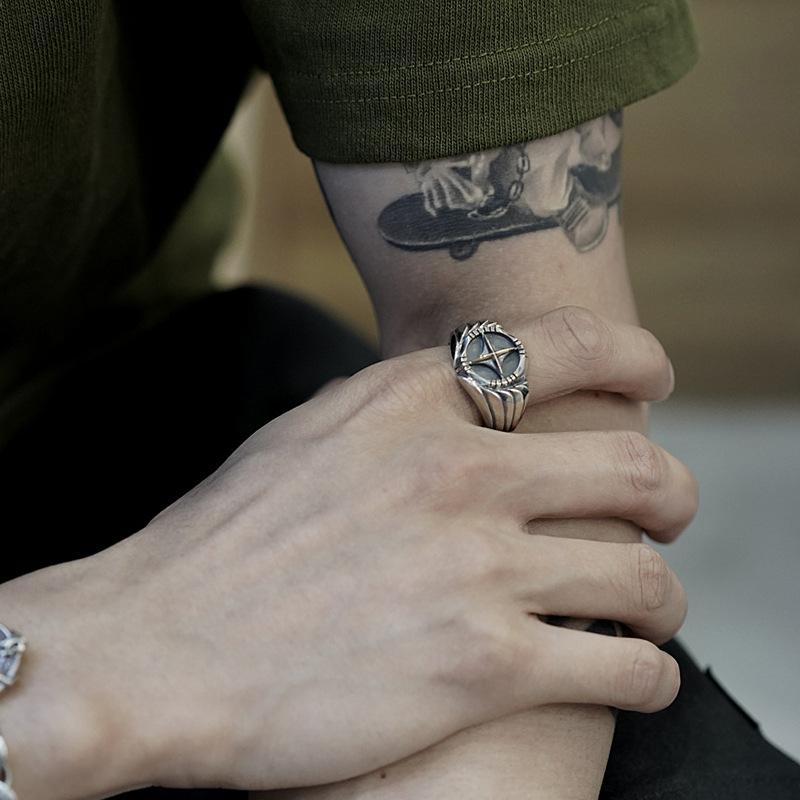 Křížový prsten pro muže a ženy, Evropský a americký retro vintage vintage personalizovaný prsten s otevřením křídla