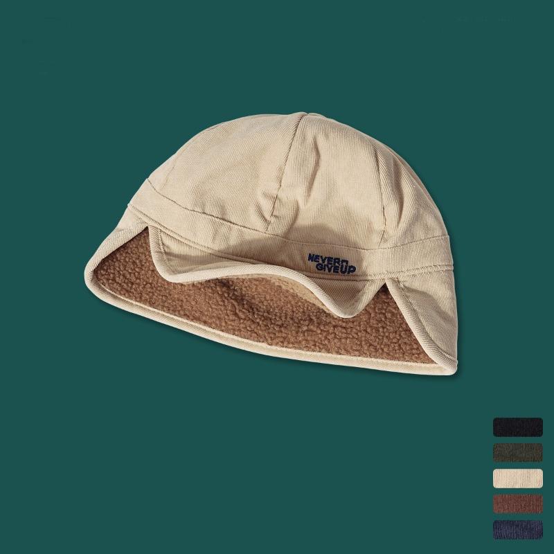 Retro Corduroy Lamb Wool Thickened Warm Ear Protection Women Winter Cute Wool Hat Men
