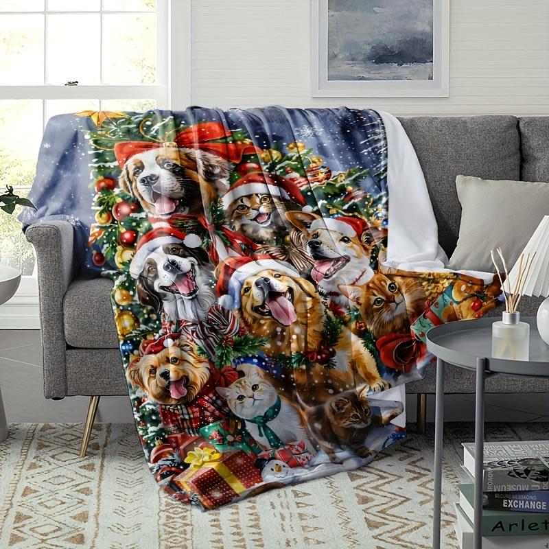Christmas Dogs Cats Flannel Throw Blanket, Cute Puppy Kitten Santa Hat Xmas Tree Snowy Print Soft Warm Blanket Sofa Bed Winter Holiday Gift