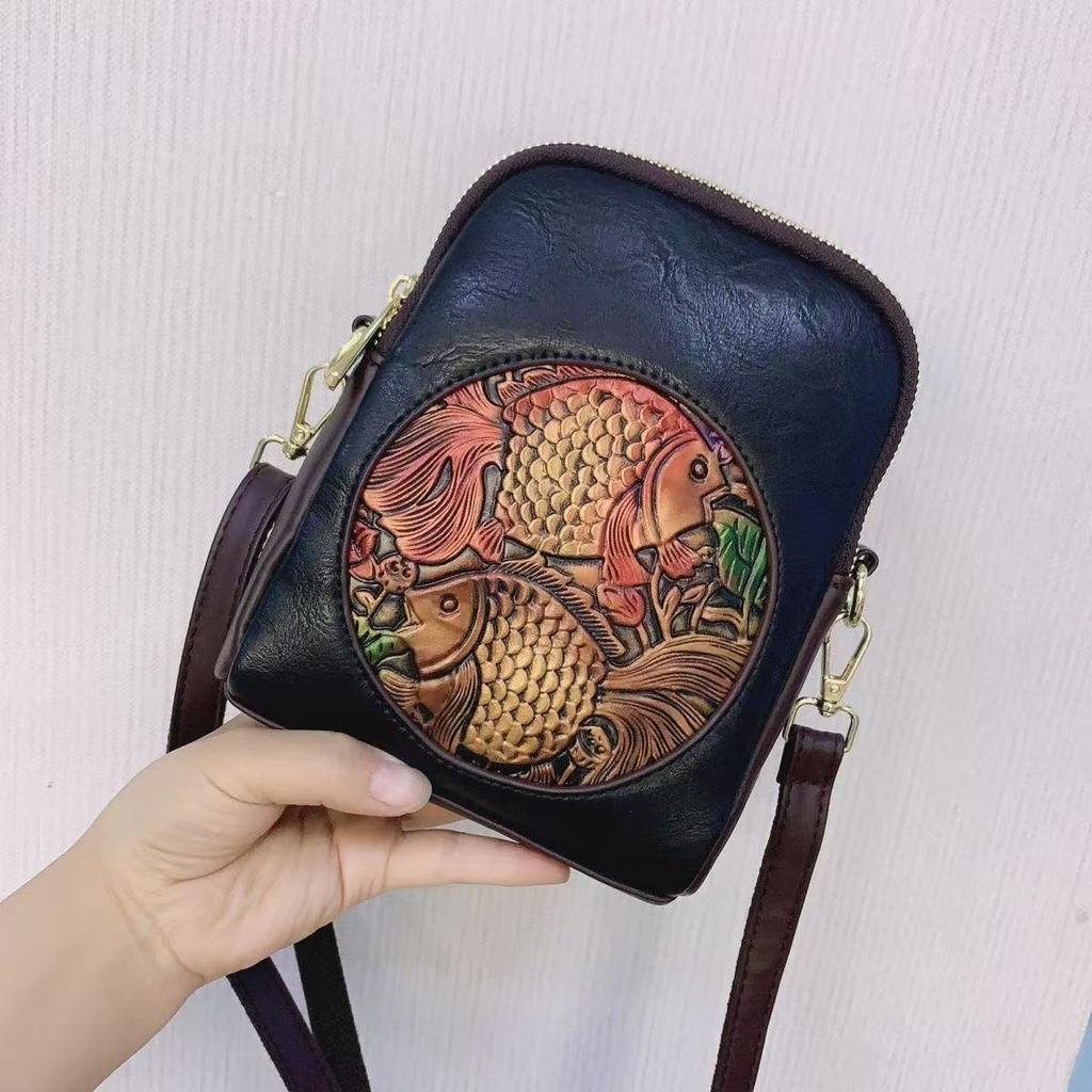 Koi Embossed Printing Ethnic Style Large Capacity Lightweight Multi Clip Premium Texture Shoulder Bag - Modern Women Crossbody Bags