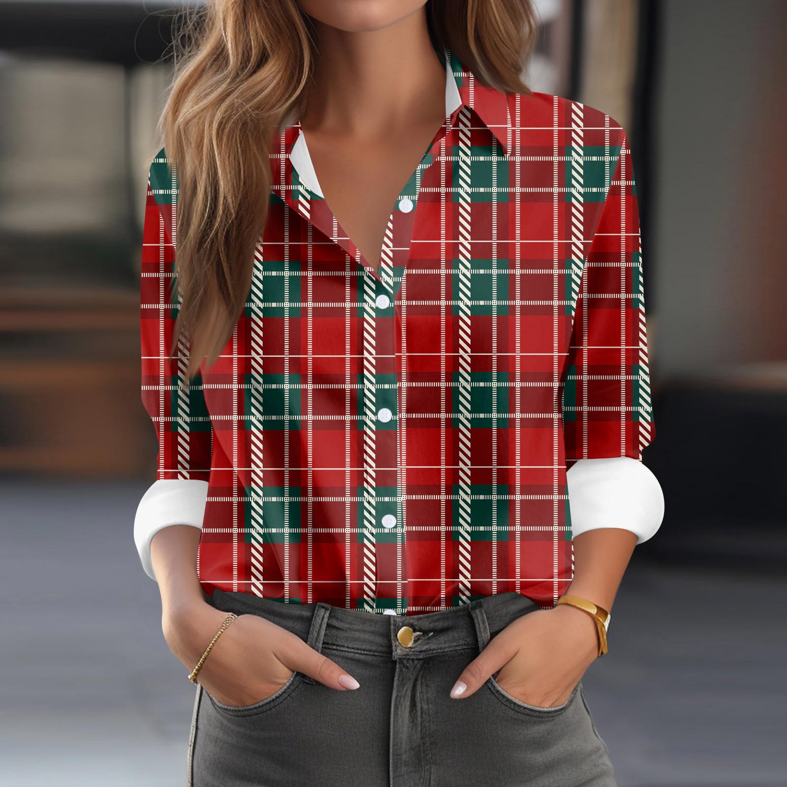 

Жіноча сорочка, блузка з принтом і ґудзиками, повсякденна повсякденна сорочка, звичайний комір і довгий рукав L Кіновар