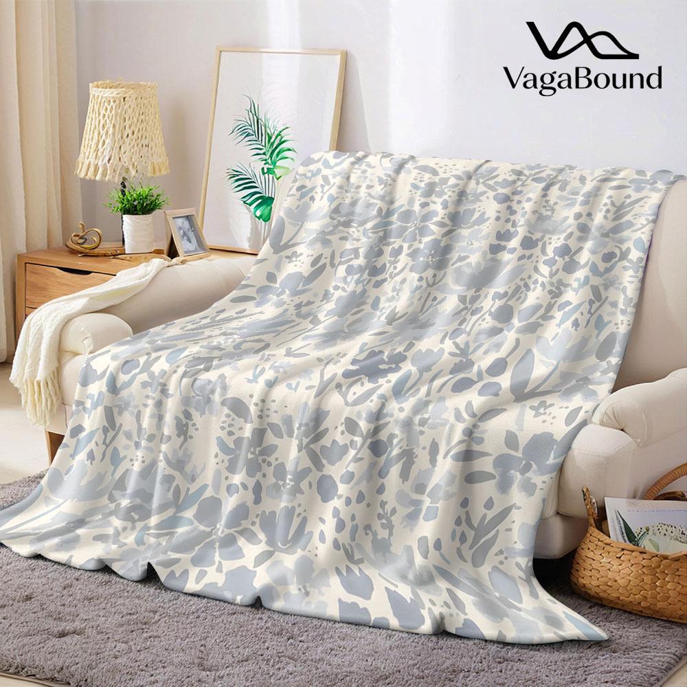 Pale Blue Floral Print Flannel Blanket Warm Soft Halloween Christmas Decorative Couch Warm Cozy All-Season Gift