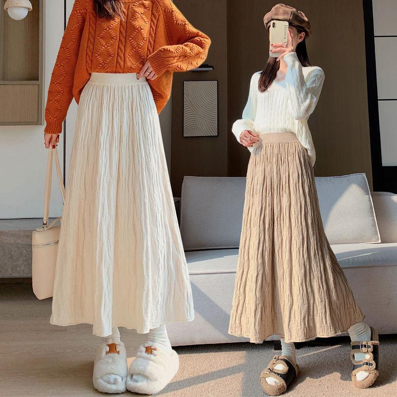 Original Autumn/Winter Folded Half Skirt 2025 Korean Edition High Waist Big Swing Skirt Warm Thick Knitted Wool Skirt Long Skirt