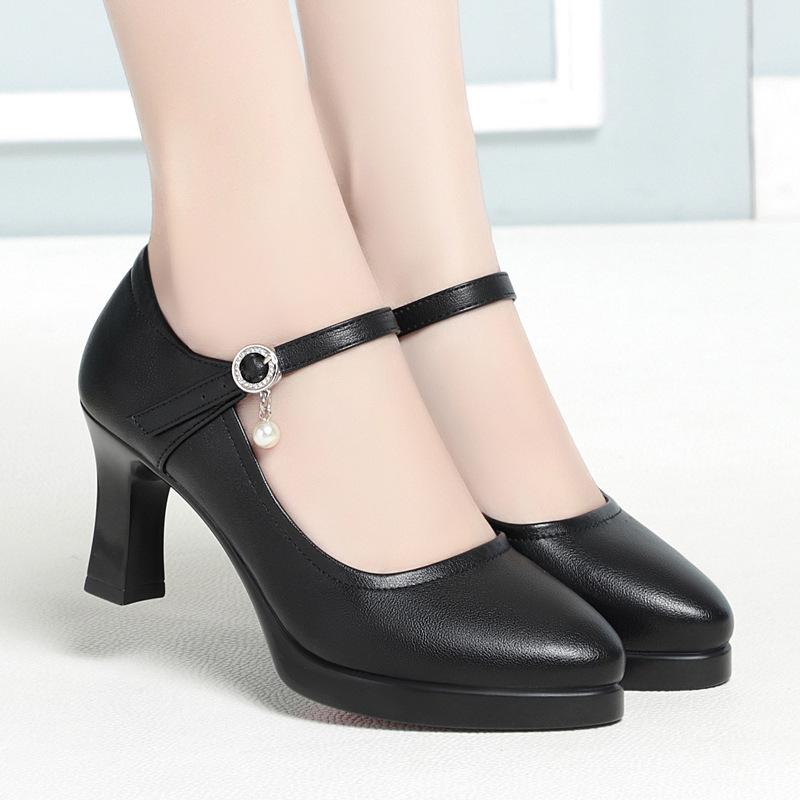 Etiquette high-heeled leather shoes soft leather platform single shoes thick-heeled catwalk shoes waterproof table one-word buckle belt women's shoes