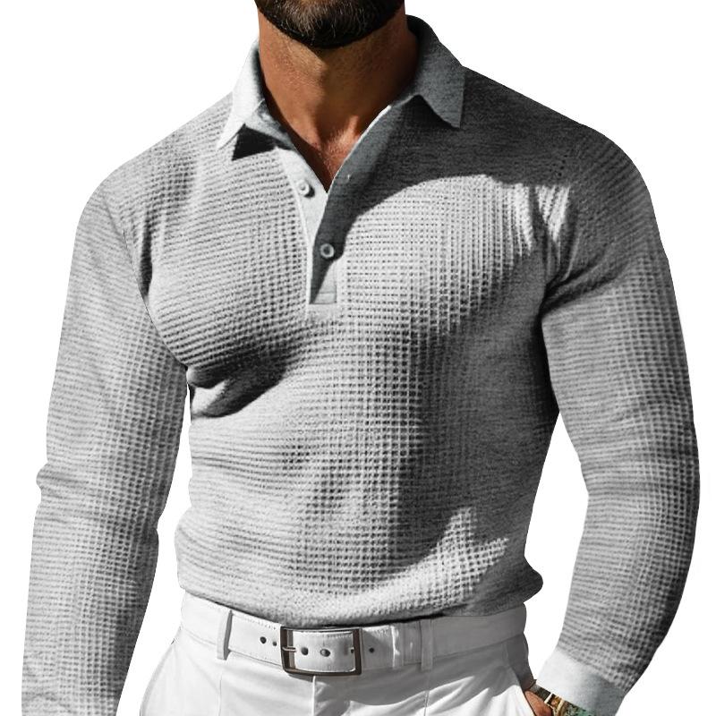 New Men's T-shirt Waffle Collar Button Slim Long Sleeve Polo Shirt