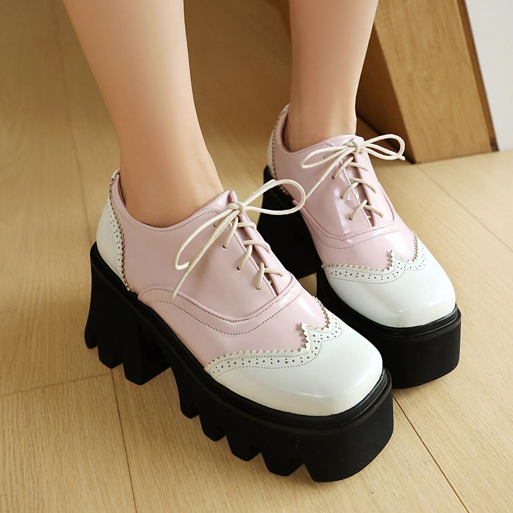 British Style Lace-up Student Shoes Color Matching Platform Single Shoes