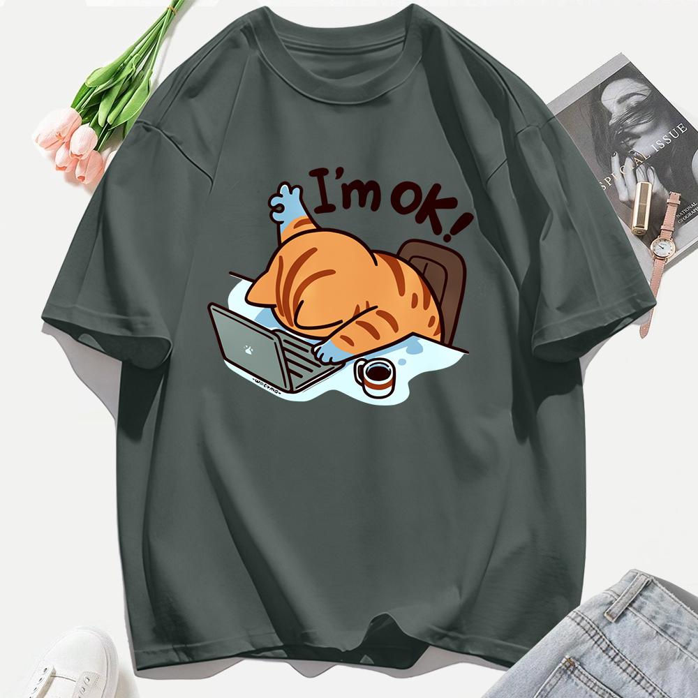 A Cat That Persists In Work Print Women T Shirts Casual Hip Hop Tees Tops Multicolor Cotton Sportswear Loose Short Sleeve Female