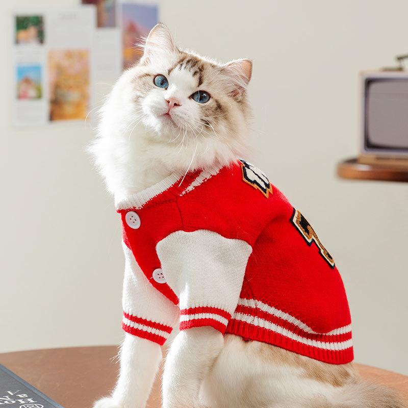 Cat Clothes Autumn and Winter Warm Fleece Baseball Jersey Sweater Cardigan Into Cat Kitten Bipedal Dog Pet Clothing
