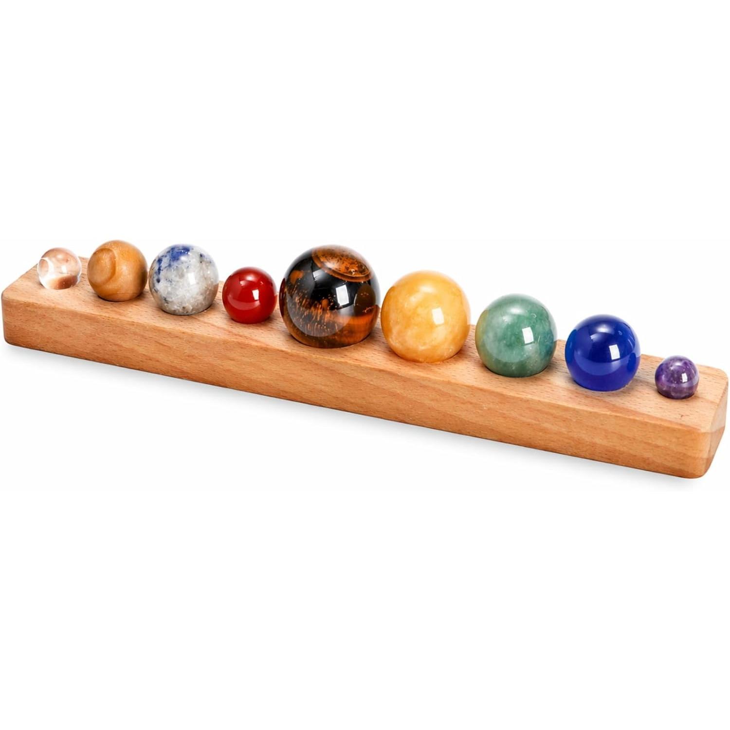 Nine Planets in Solar System with Wooden Stand, Natural Gemstones Sphere Solar System Model Kit, Planet Marbles, Space Themed Bedroom Decor жёлтый