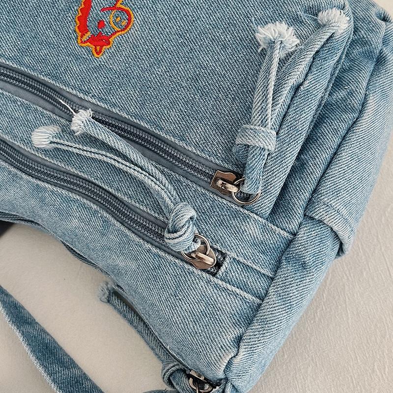 Cute Horse Embroidered Denim Crossbody Bag Multi Pocket Casual Shoulder Bag for Women