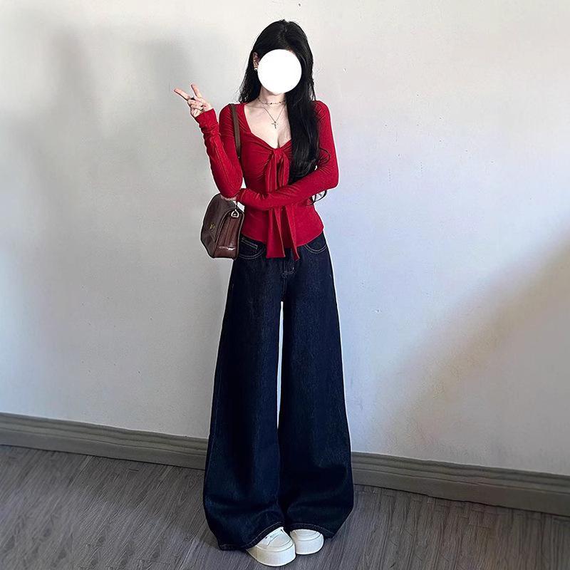 Women's Dark Blue High Waist Wide Leg Jeans - Retro, Slimming, Floor-Length