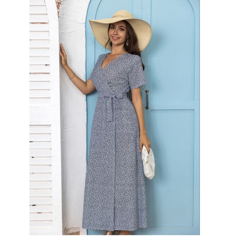 Cross-Border Fashion Summer New V Neck Small Floral Sexy Slit Short Sleeve Dress Sanya Seaside Beach Dress